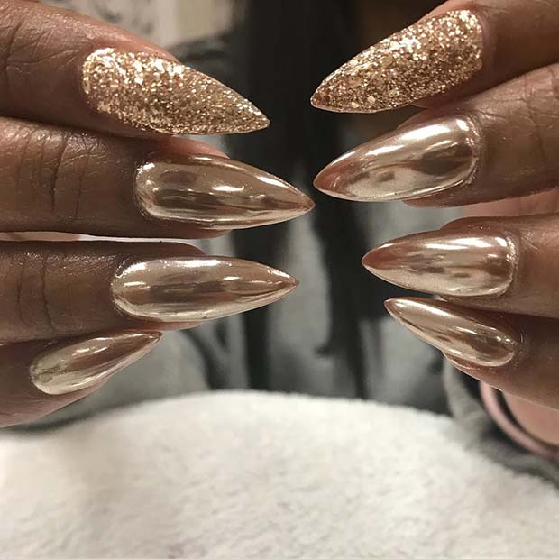 Gold Chrome Nails with a Pop of Glitter 