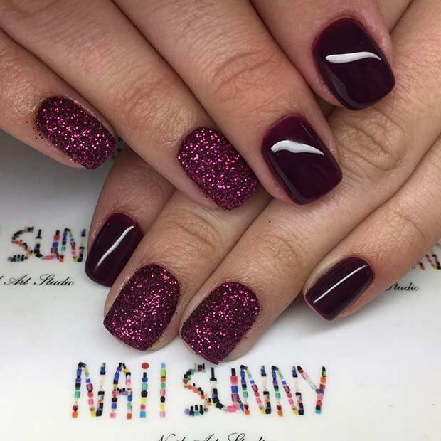 Pretty Burgundy Glitter Nails