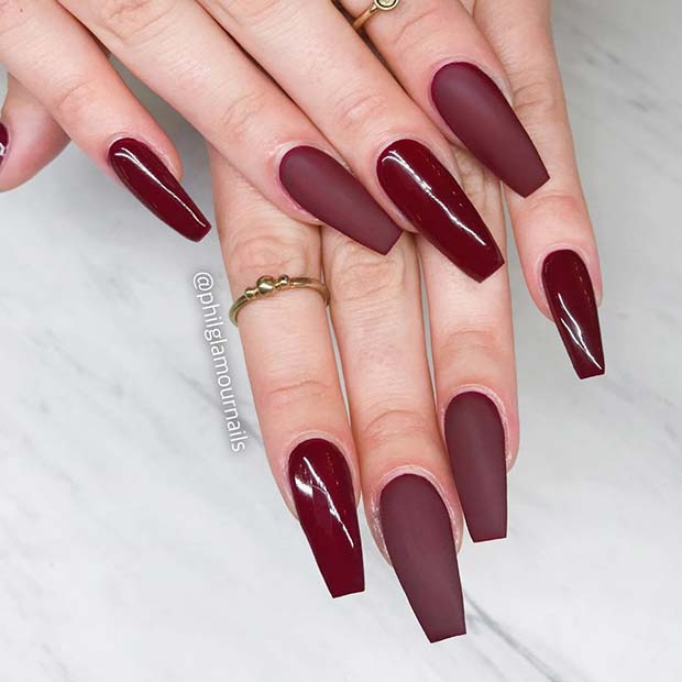 Glossy and Matte Burgundy Nails