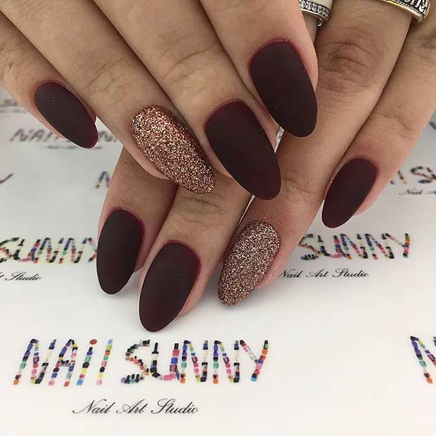 Matte Burgundy and Gold  Nails
