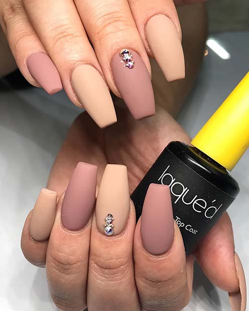Nude Matte Coffin Nails with Gems