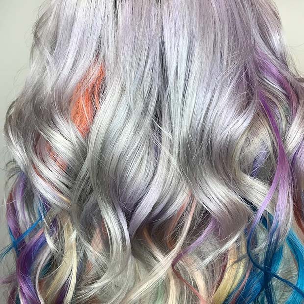Rainbow Highlights on Silver Hair