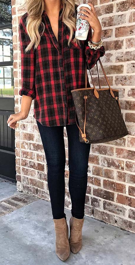 Plaid Shirt and Jeans Fall Outfit 