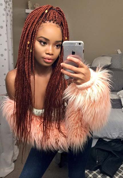 Stylish Red Box Braids in a Ponytail