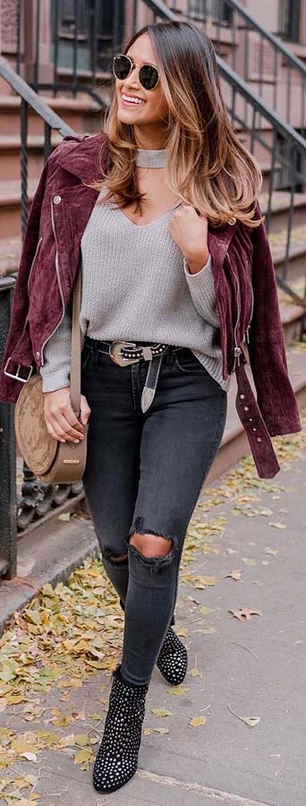 Burgundy Jacket and Black Jeans Outfit Idea