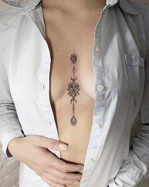 Unique Sternum Tattoo with Lotus Flower
