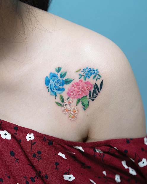 Vibrant Floral Heart Tattoo Idea