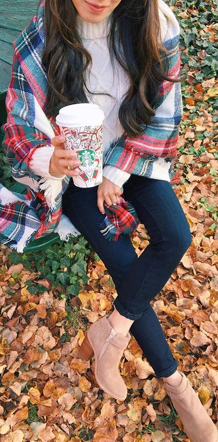 Plaid Blanket Scarf Outfit Idea