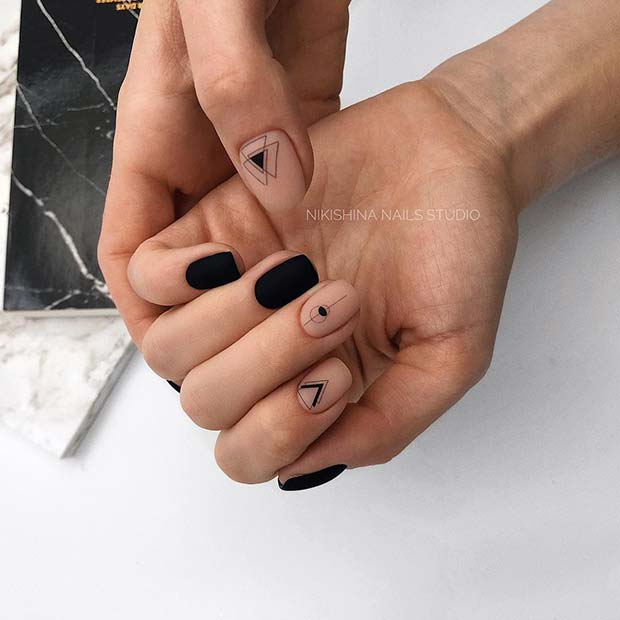 Matte Black Nails with Geometric Accent Nails