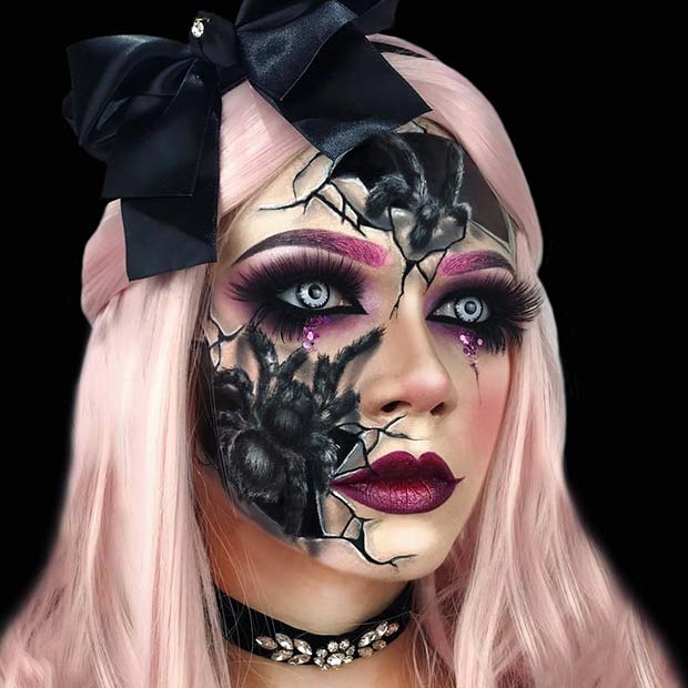 Scary Cracked Doll Makeup with Spiders