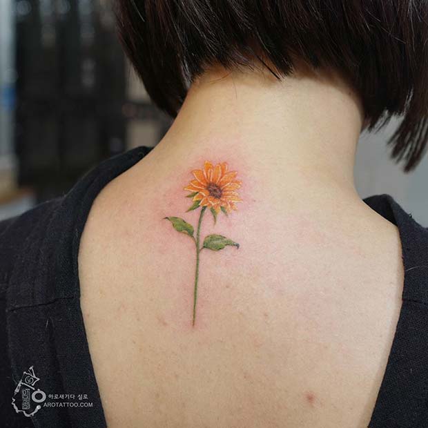 Cute Back of the Neck Sunflower Tattoo Idea