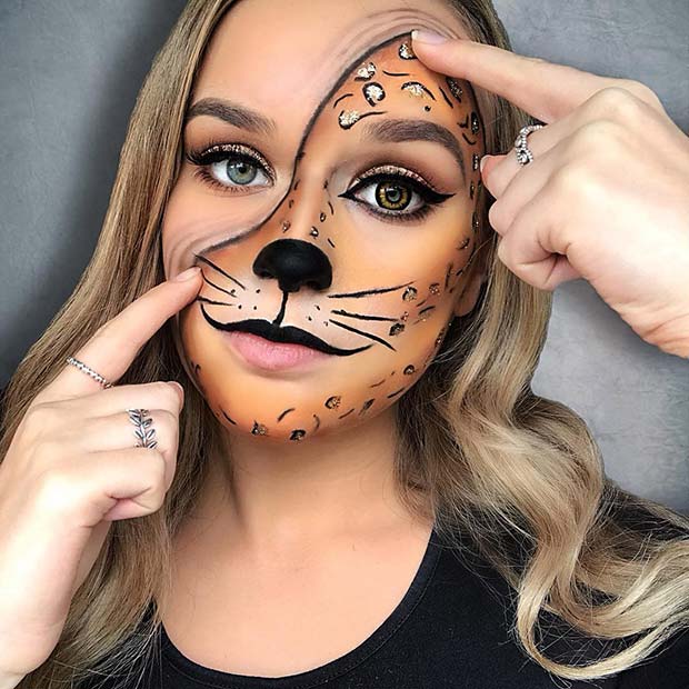 Half Leopard Halloween Makeup Idea