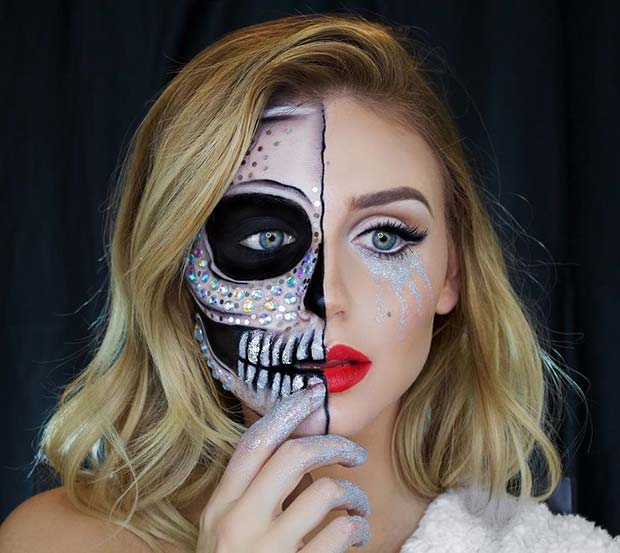 Half Skull Halloween Makeup with Glitter and Rhinestones