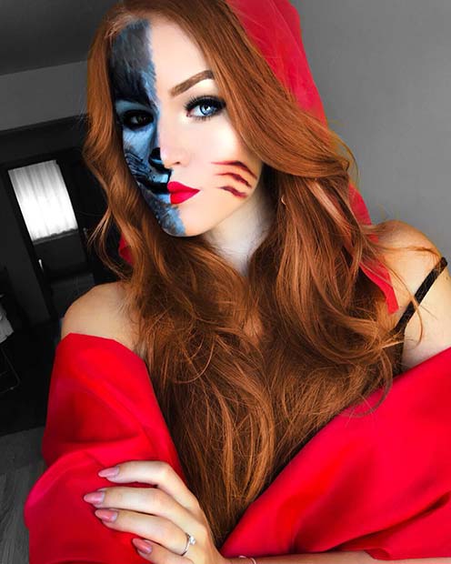 Half Wolf, Half Red Riding Hood Halloween Makeup 