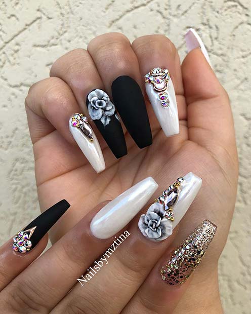 Matte Black Coffin Nails with Flowers and Rhinestones