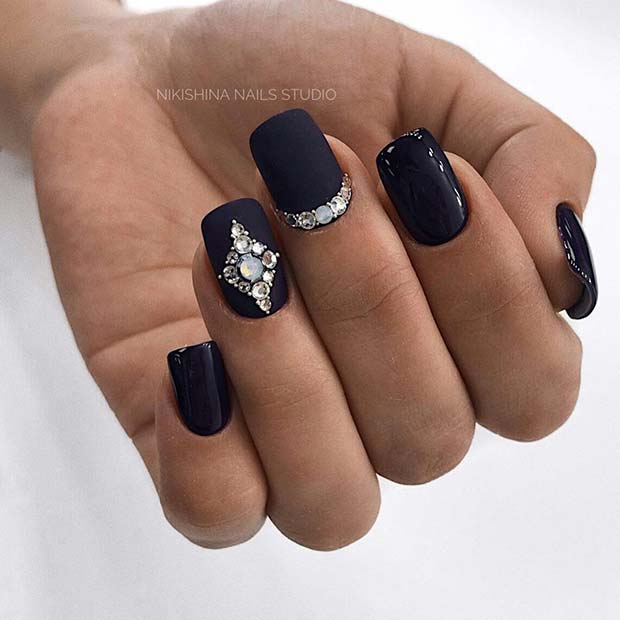 Elegant Matte Black Nails with Rhinestones