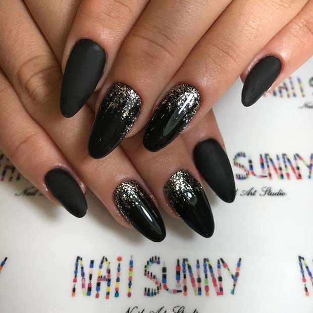 Elegant Black Nails with Silver Glitter 