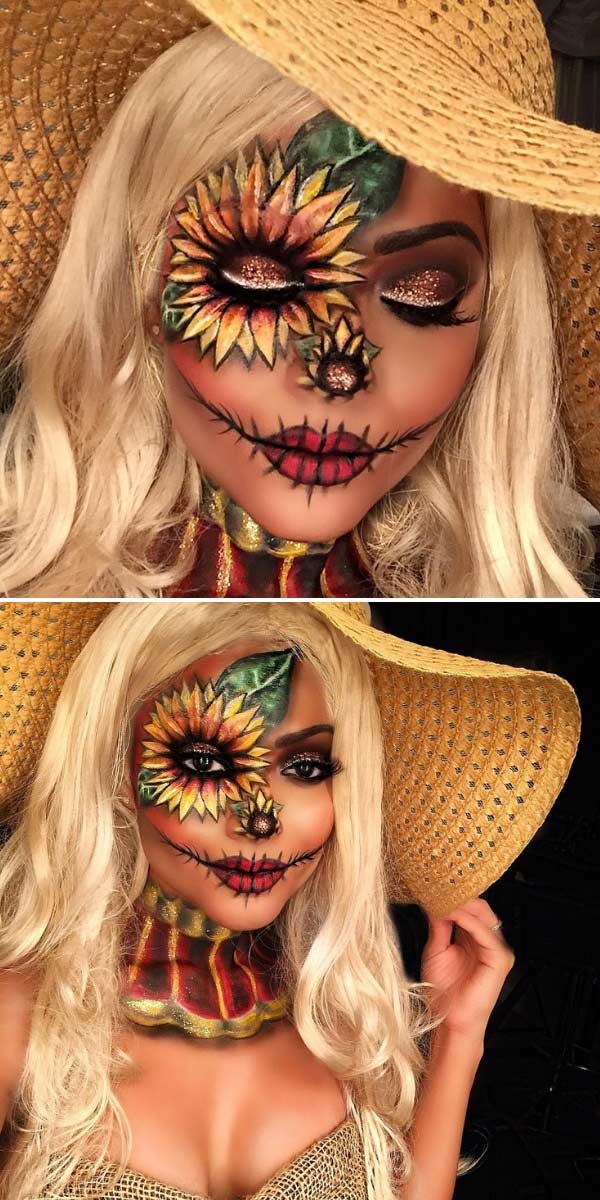 Pretty Scarecrow Sunflower Halloween Makeup Idea