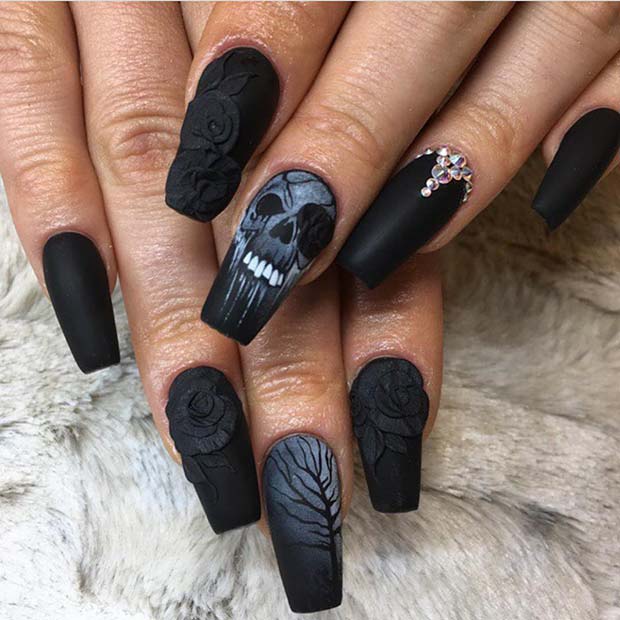 Black Matte Nails with a Skull for Halloween 