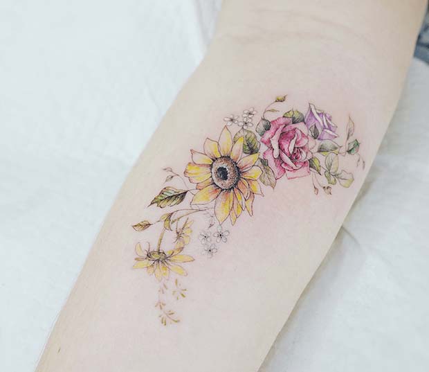 Colorful Sunflower and Roses Tattoo 