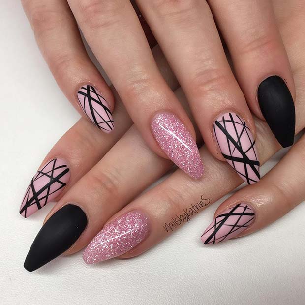 Trendy Matte Black Nails with Glitter