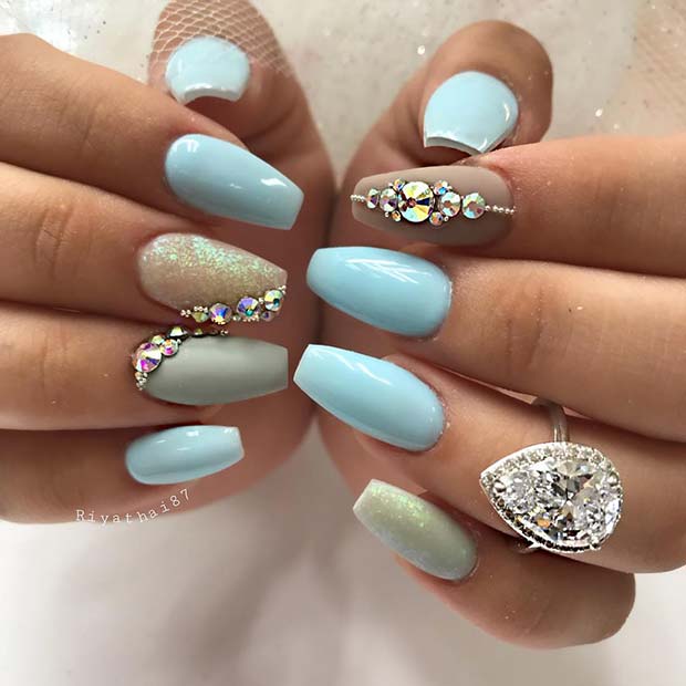 Light Blue Coffin Nails with Bling