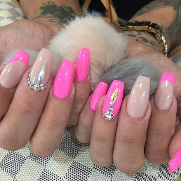Nude Pink Nails with Rhinestones