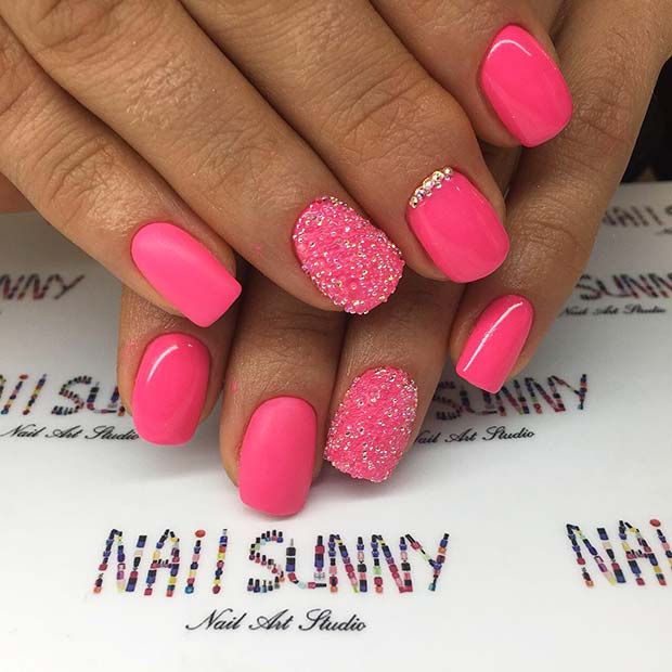 Hot Pink Nails with Rhinestones