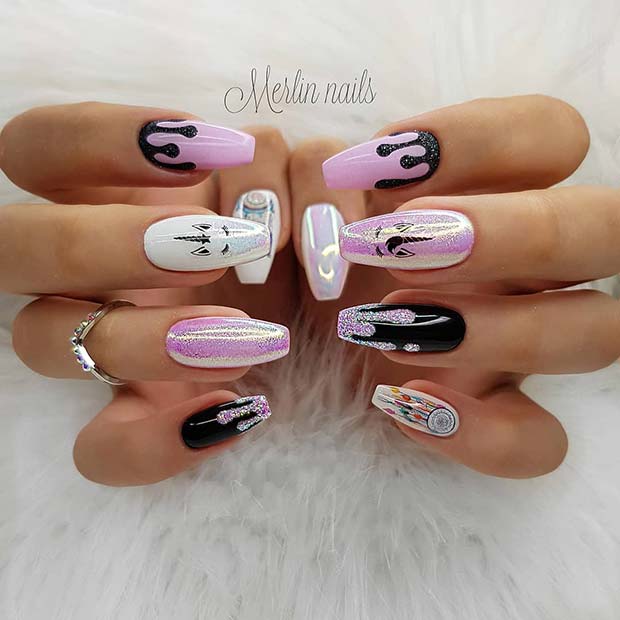 Pink and Black Unicorn Nails