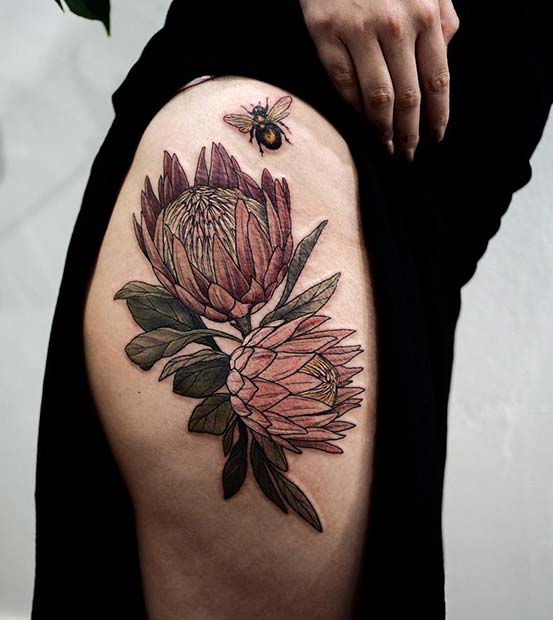 Flowers and Bee Hip Tattoo Idea
