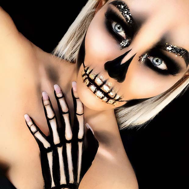 Pretty Glitter Skeleton Halloween Makeup 