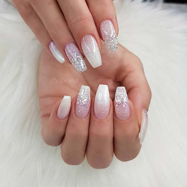 Elegant White Ombre Coffin Nails with Glitter