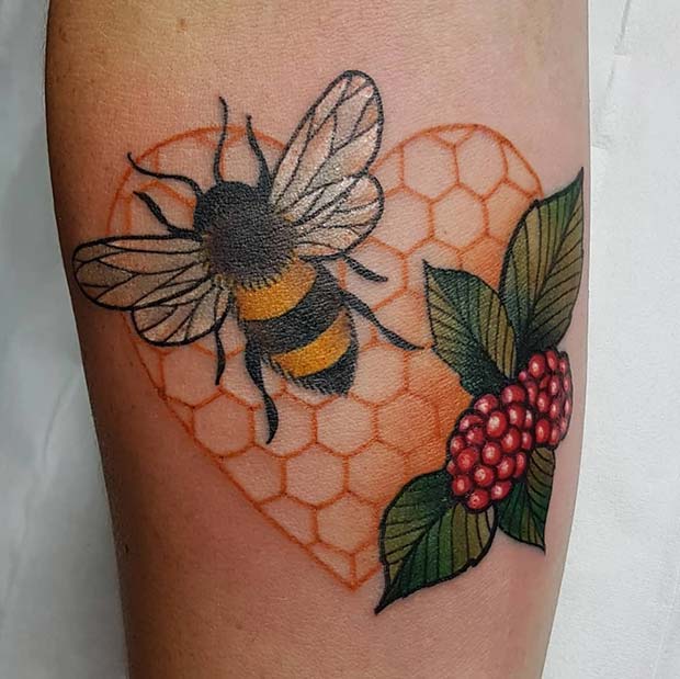 Honeycomb Heart, Bee and Fruit Tattoo Idea