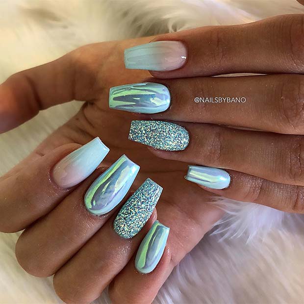 Ombre Light Blue and Chrome Coffin Nails