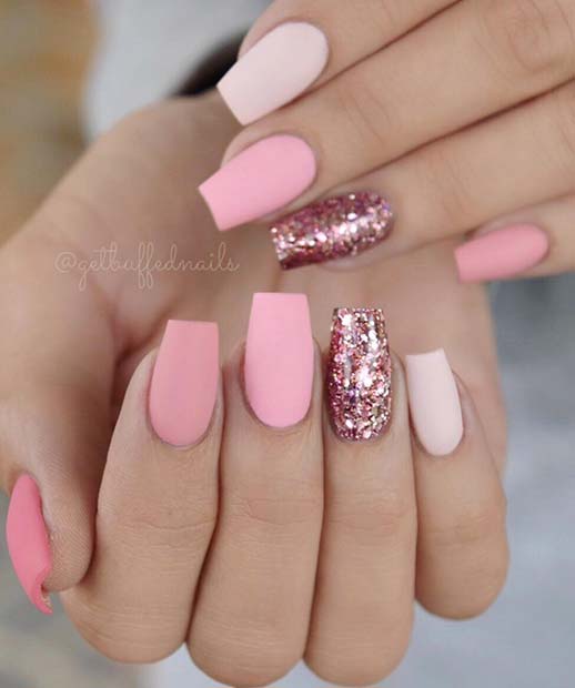 Matte Pink and Glitter Coffin Nails