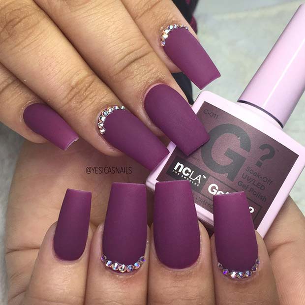 Matte Purple Nails with Rhinestones
