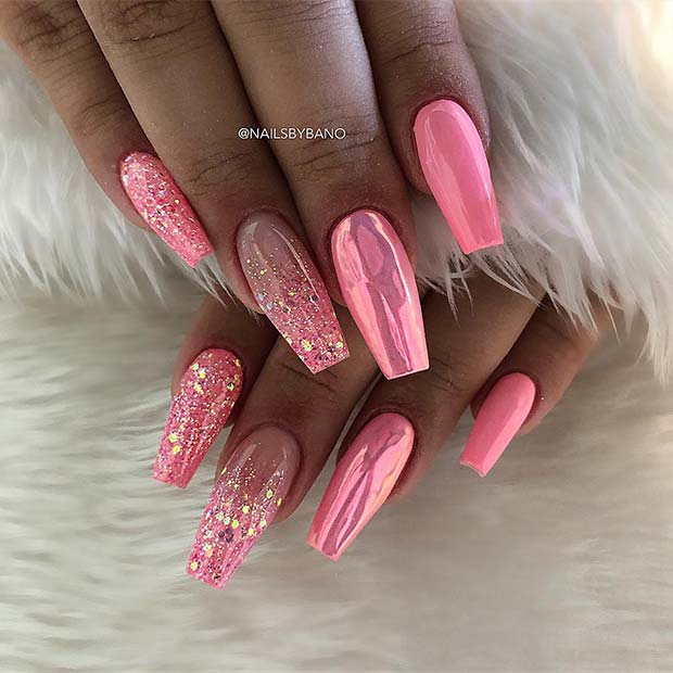 Pink Chrome and Glitter Coffin Nails