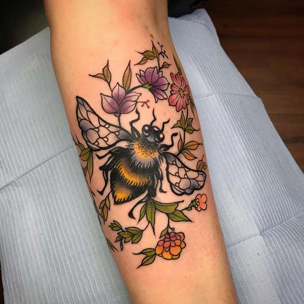 Pretty Floral Bee Tattoo Idea