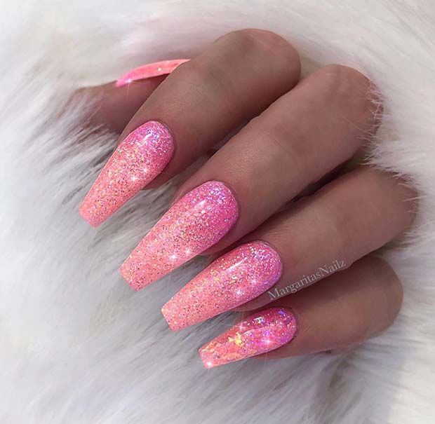 Sparkly Pink Glitter Coffin Nails