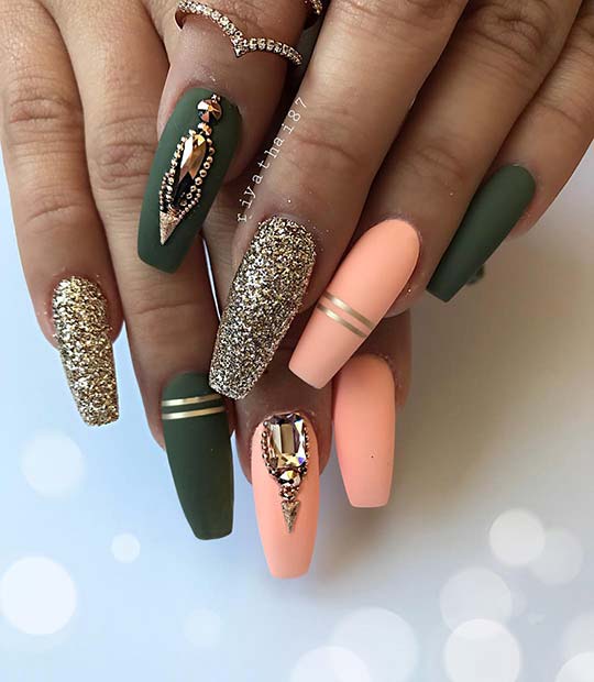 Long, Matte Coffin Nails with Glitter and Rhinestones