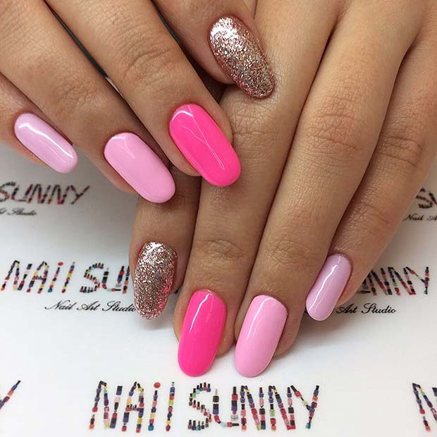 Pink Acrylic Nails with a Pop of Glitter 
