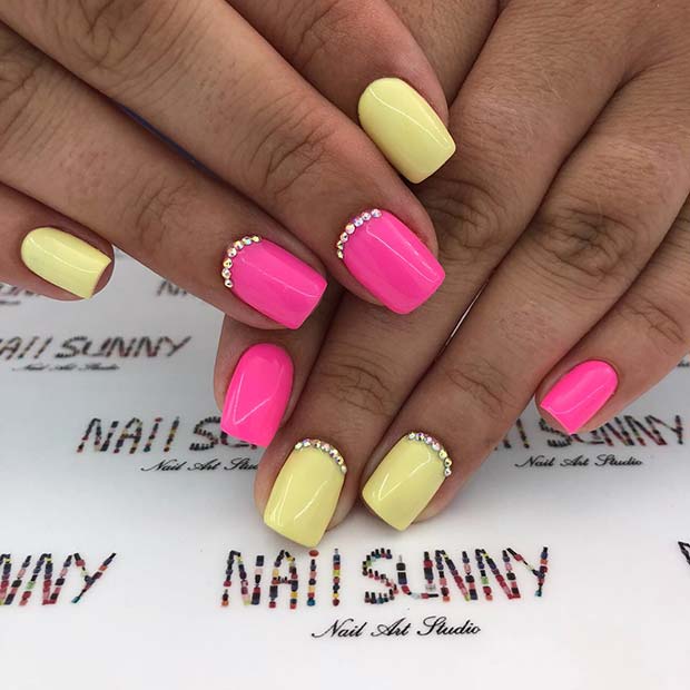 Vibrant Mani with Two Colors and Rhinestones