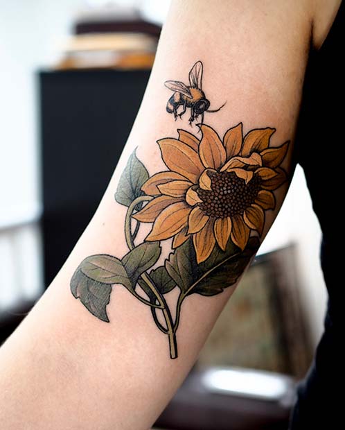 Vibrant Sunflower and Bee Tattoo Design
