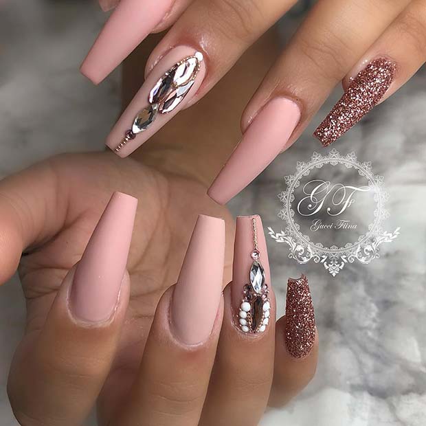 Matte Coffin Nails with Rose Gold Glitter 
