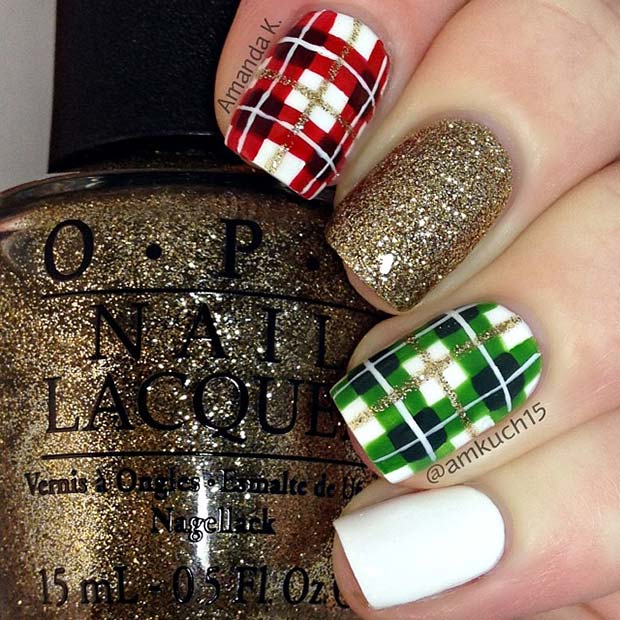 Gold Glitter and Plaid Nails