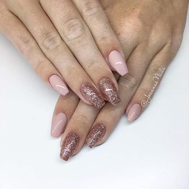 Light Pink and Glitter Coffin Nails