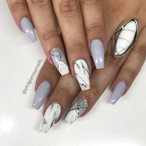 Marble, Grey and Glitter Nails