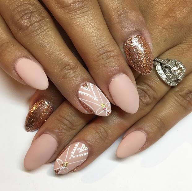 Pretty Matte Pink Nails with Rose Gold Glitter