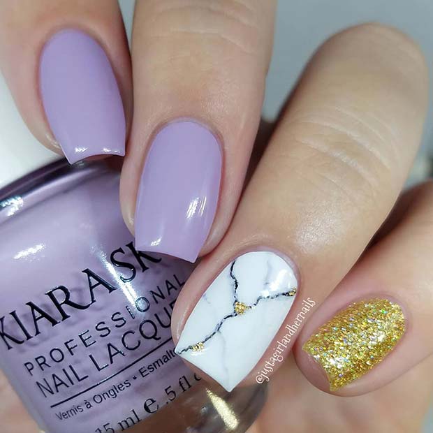 Purple, Marble and Glitter Nails