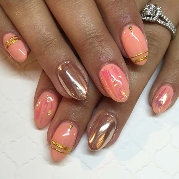 Rose Gold Chrome and Peachy Nails